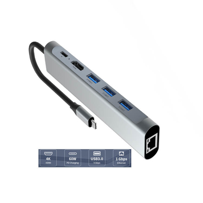 4K HDMI 6 In 1 Type C 5Gbps USB Hub Docking Station 60W PD Charging 1000Mbps