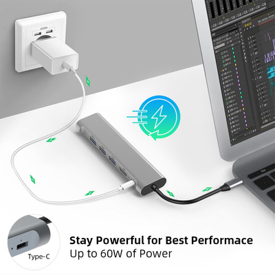 USB 3.0 5Gbps 4K HKMI 60W PD Charging Multiport Docking Station 1Gbps Ethernet 6 In 1